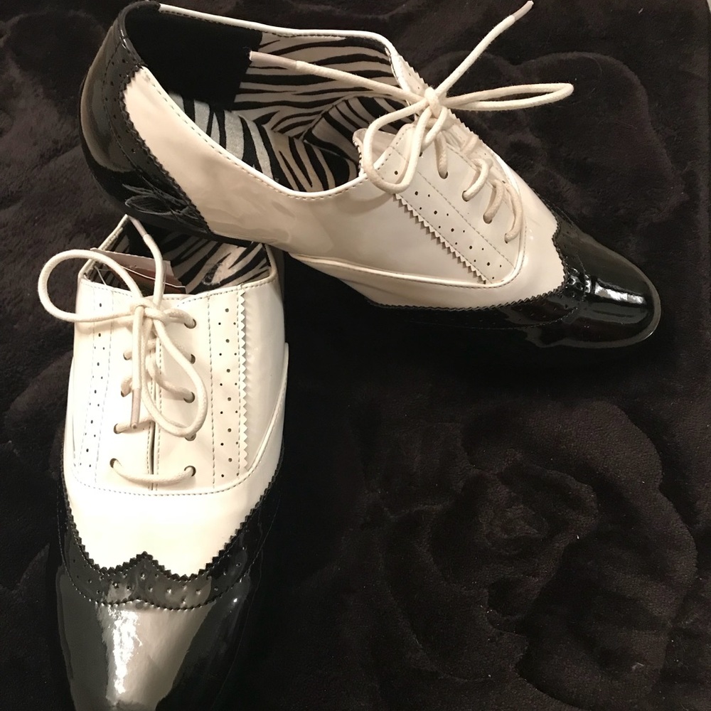 Black and White Faux Patent Leather Oxfords